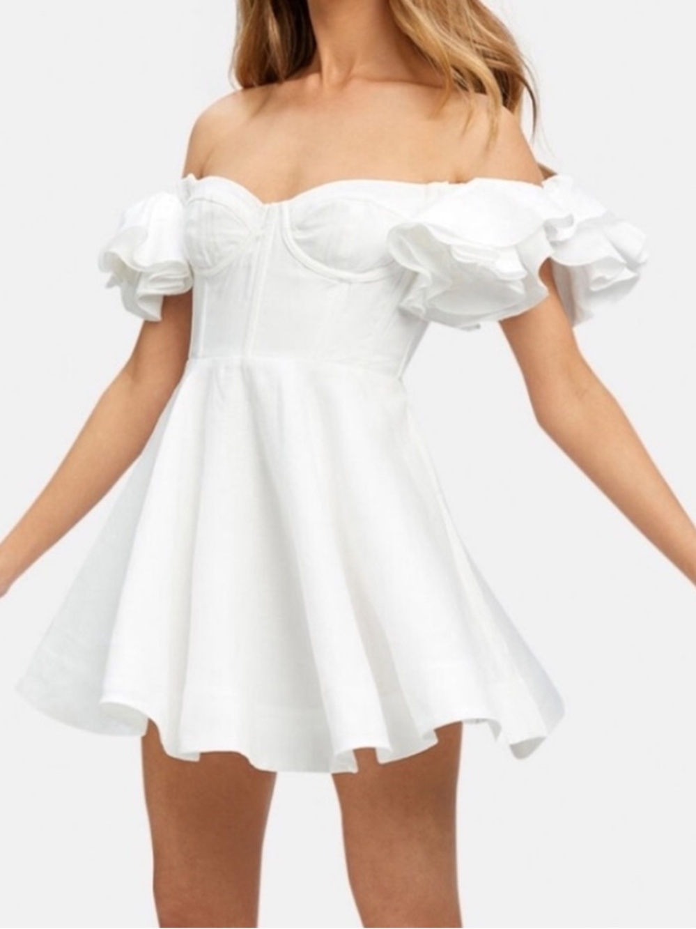 Bardot Womens ivory sigma linen off the shoulder mini dress L NWT